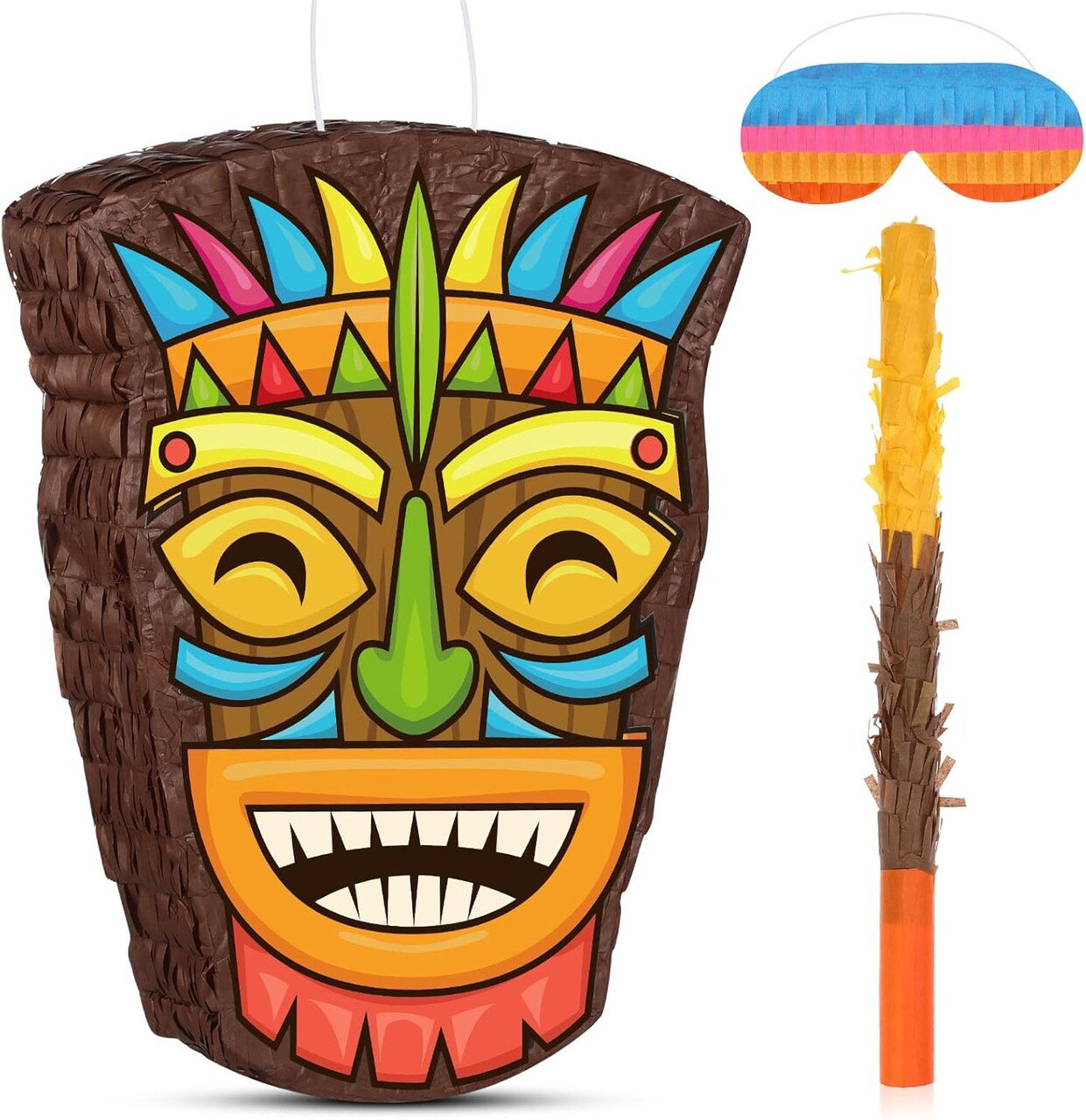 Small Tiki Tropical Hawaii Piñata with Blindfold Bat Aloha Luau Piñata